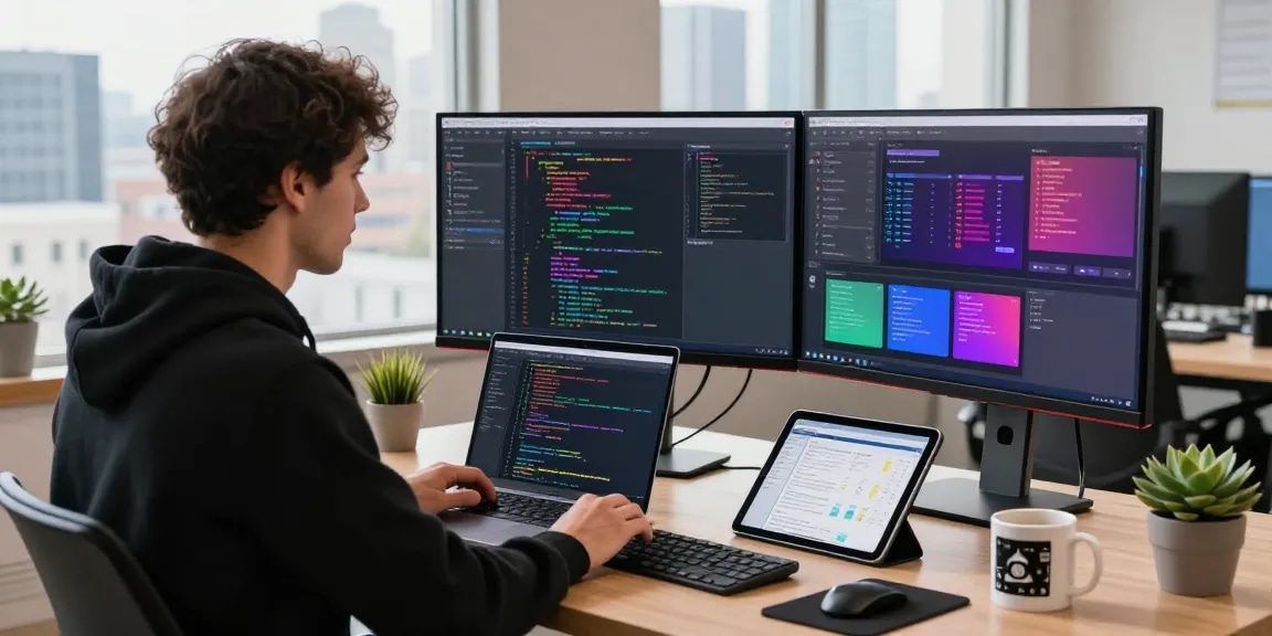 Pengembang perangkat lunak UE99 fokus bekerja di ruang kantor modern dengan layar besar menghadirkan kode dan antarmuka pengguna yang rumit.