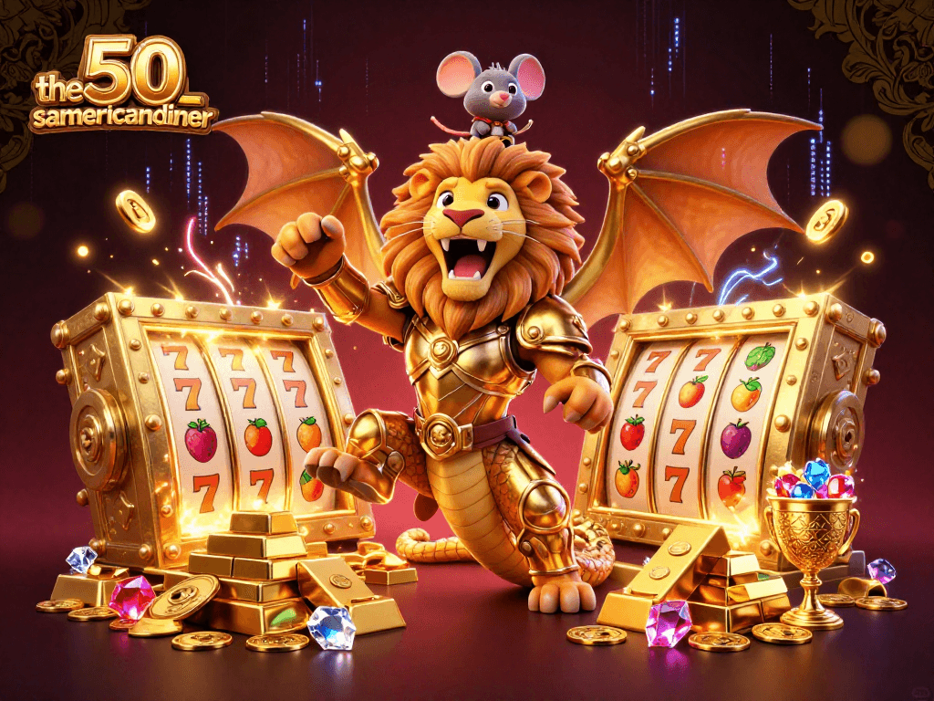 Engaging action at the50samericandiner with a roaring chimera and slot reels revealing jackpots.