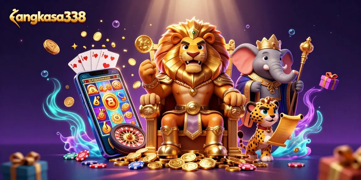 Experience thrilling gameplay with angkasa338 and a vibrant 3D casino scene featuring lucky symbols.