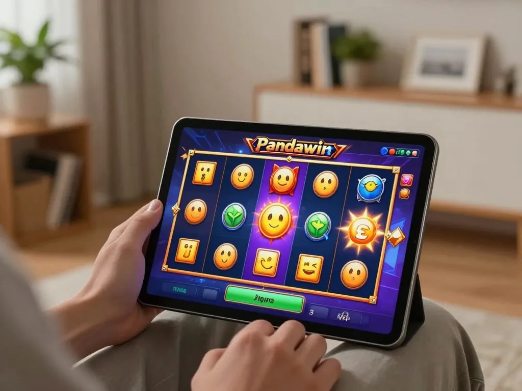Pemain Pandawin memutar gulungan permainan slot berwarna-warni di tablet dalam suasana rumah yang nyaman