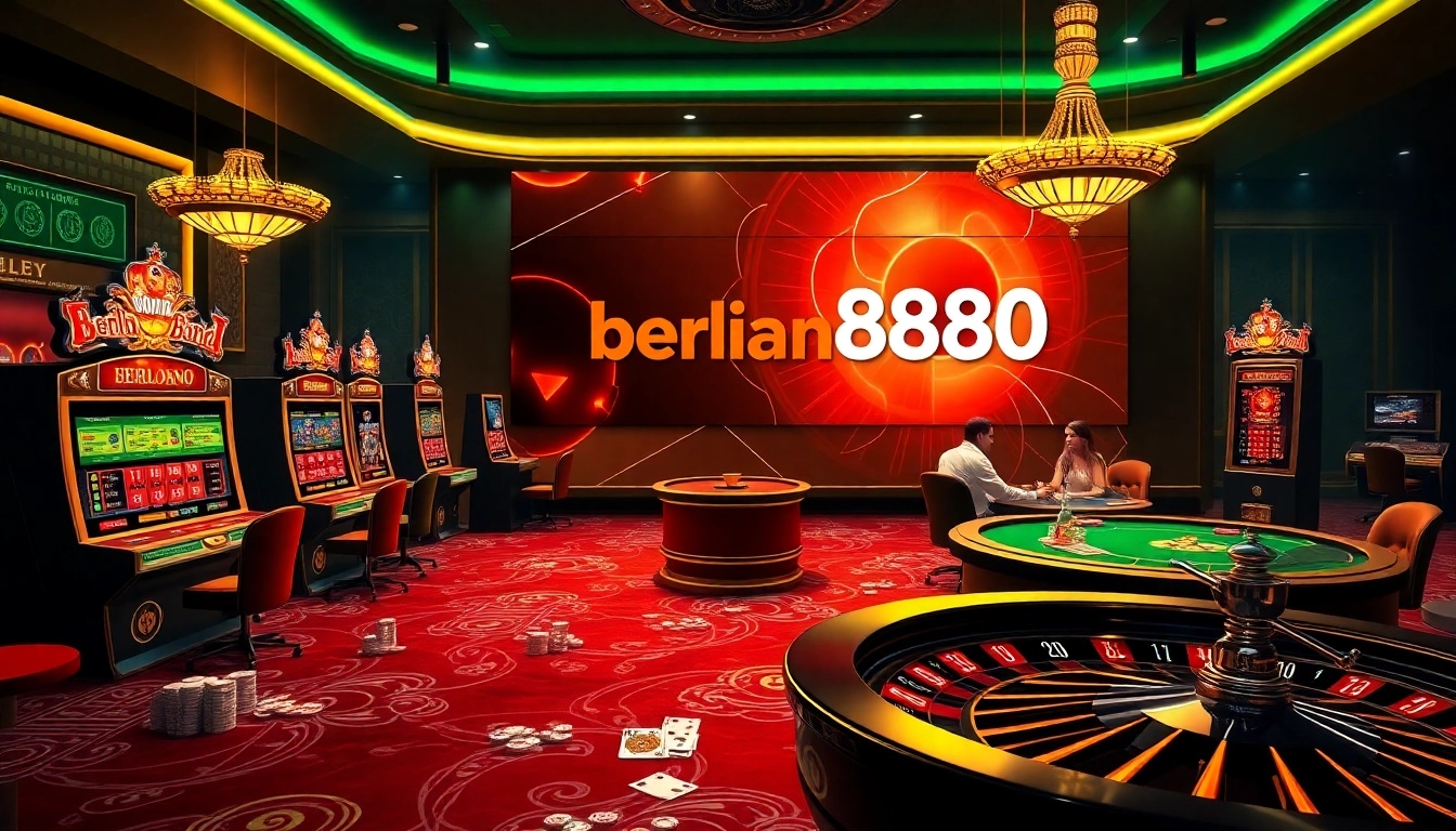 Experience the thrill of berlian888 login with engaging casino visuals, including vibrant slot machines and poker games.