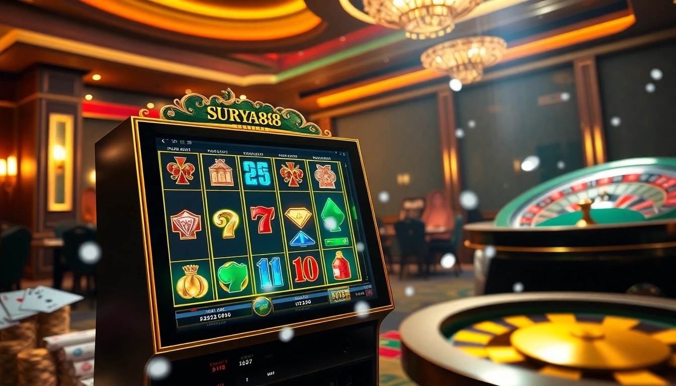 Play to win big at SURYA88, showcasing vibrant slot machines and luxurious casino elements.