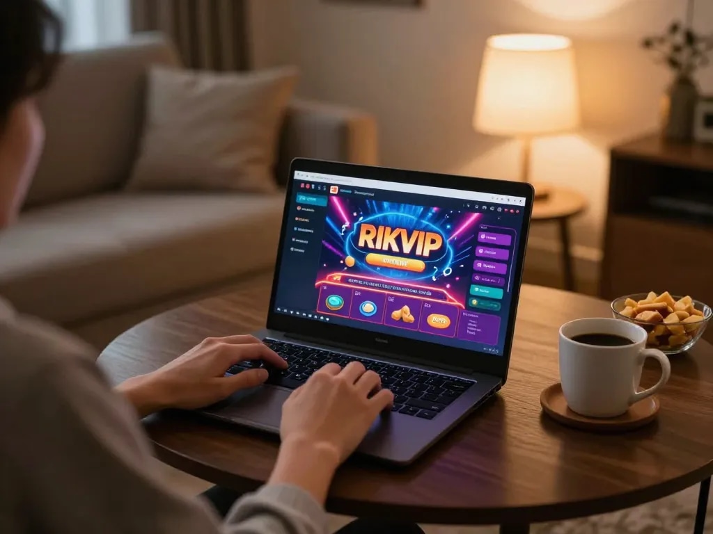 Player enjoying RIKVIP online gaming experience on laptop in a cozy living room setting.