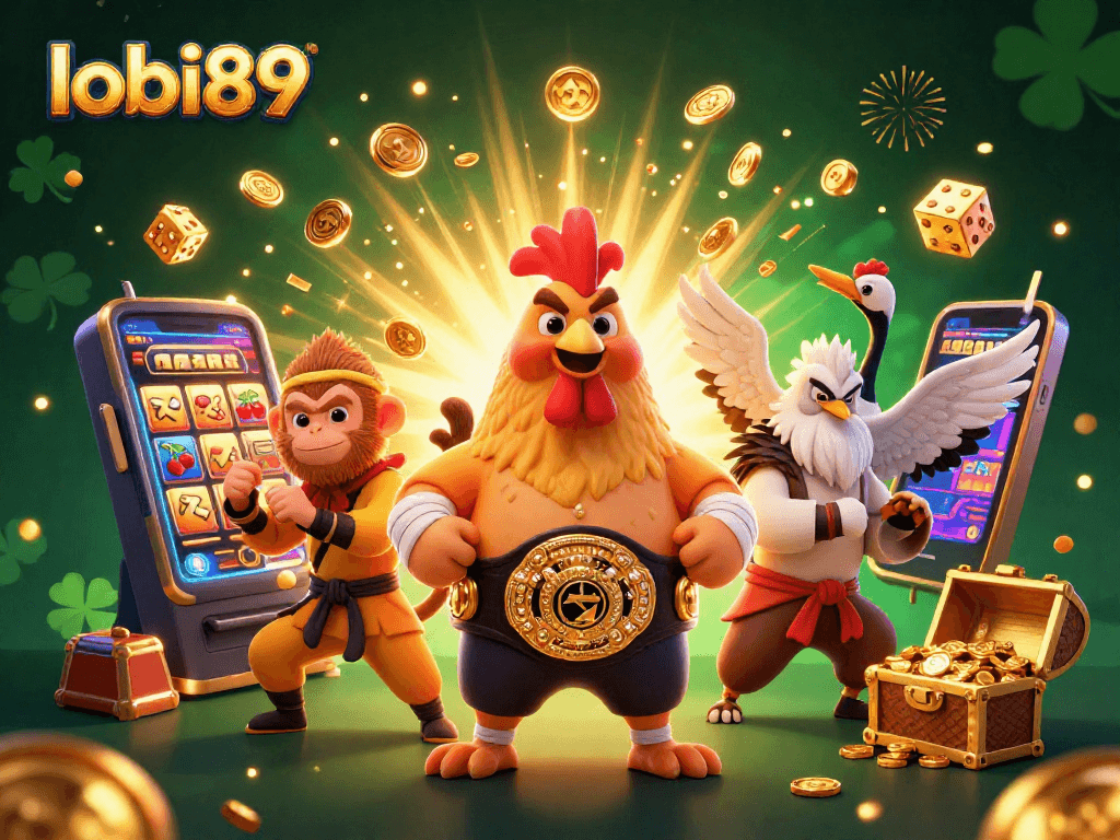 Menangkan jackpot dengan lobi89 melalui ilustrasi 3D karakter ayam Muay Thai dan monyet Shaolin.