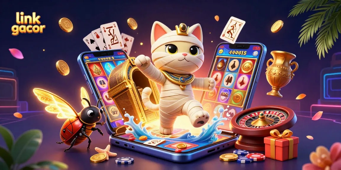 Spin the reels on link gacor slot games with a lively Egyptian-themed illustration featuring unique characters and vibrant casino elements.