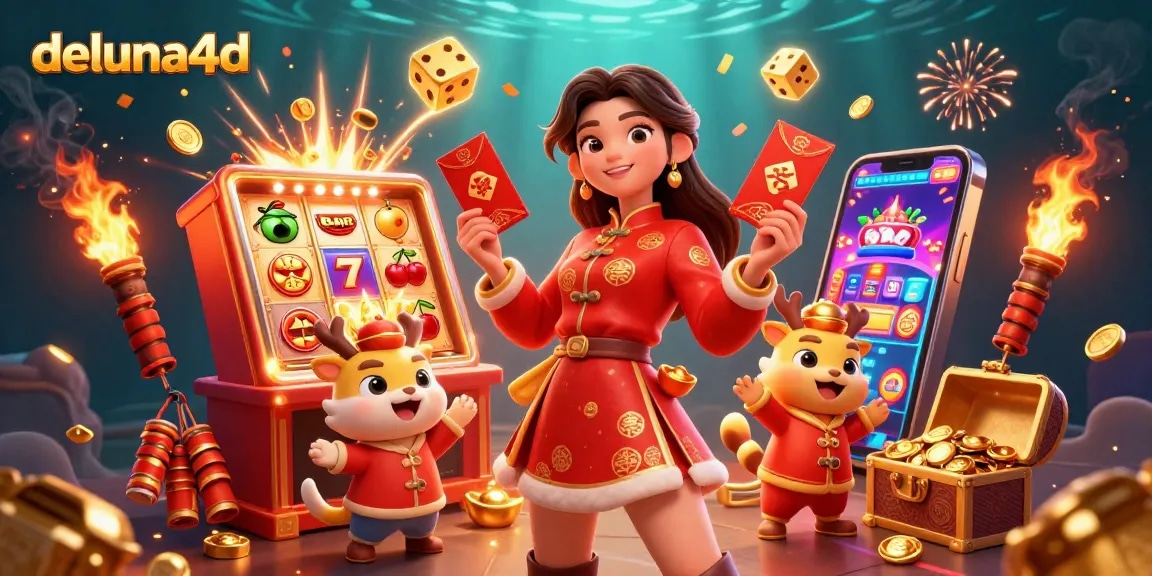 Experience excitement at deluna4d with a vibrant Lunar New Year-themed gaming scene bursting with winnings.