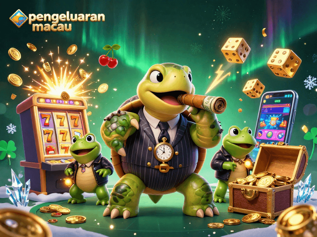 Mengamati pengeluaran macau melalui ilustrasi kasino yang menampilkan kura-kura gangster dengan simbol keberuntungan.