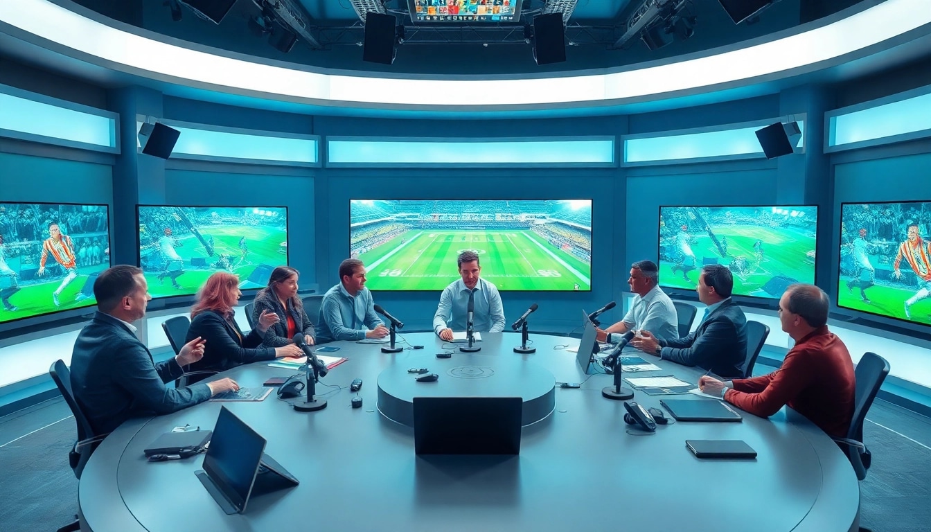Engaging scene of sports broadcasting professionals discussing live coverage in a dynamic studio.