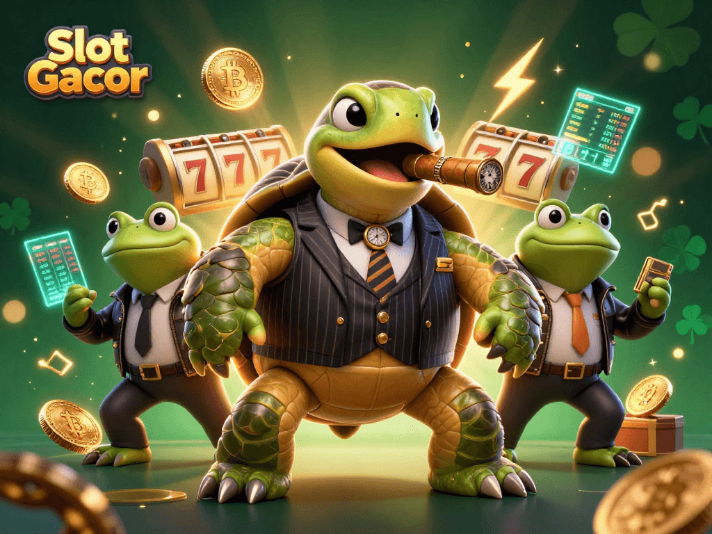 Spin the reels with Slot Gacor as cartoon turtle mobster leads a vibrant casino scene packed with action.