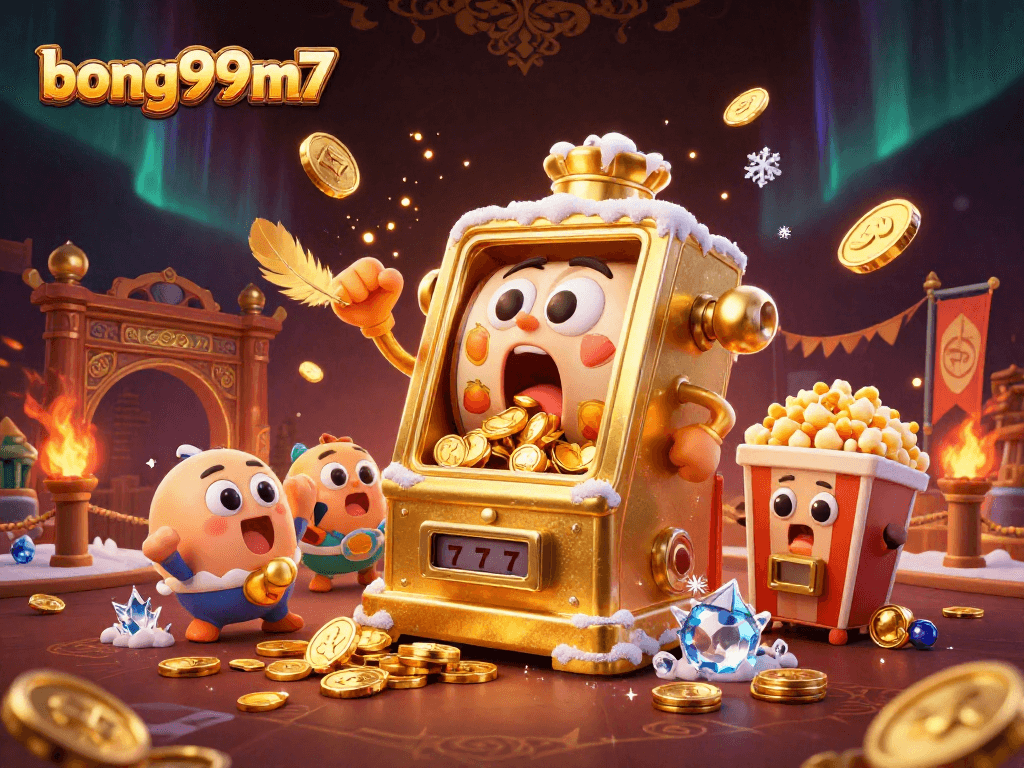 Bong99m7 slot machine hitting the jackpot in a lively casino scene filled with gold coins and celebratory machines.