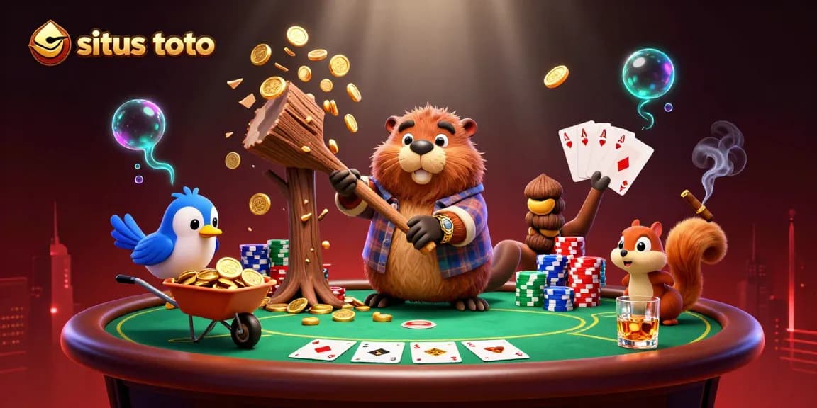 Gambaran 3D situs toto dengan karakter ikonik mengumpulkan koin emas sambil bermain poker yang seru.