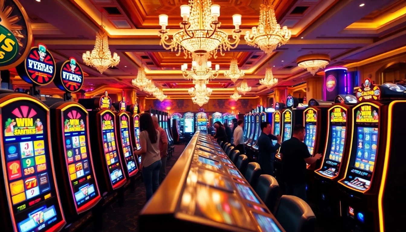 Menarik perhatian pada situs slot gacor dengan mesin slot yang berwarna cerah dan pemain yang antusias.