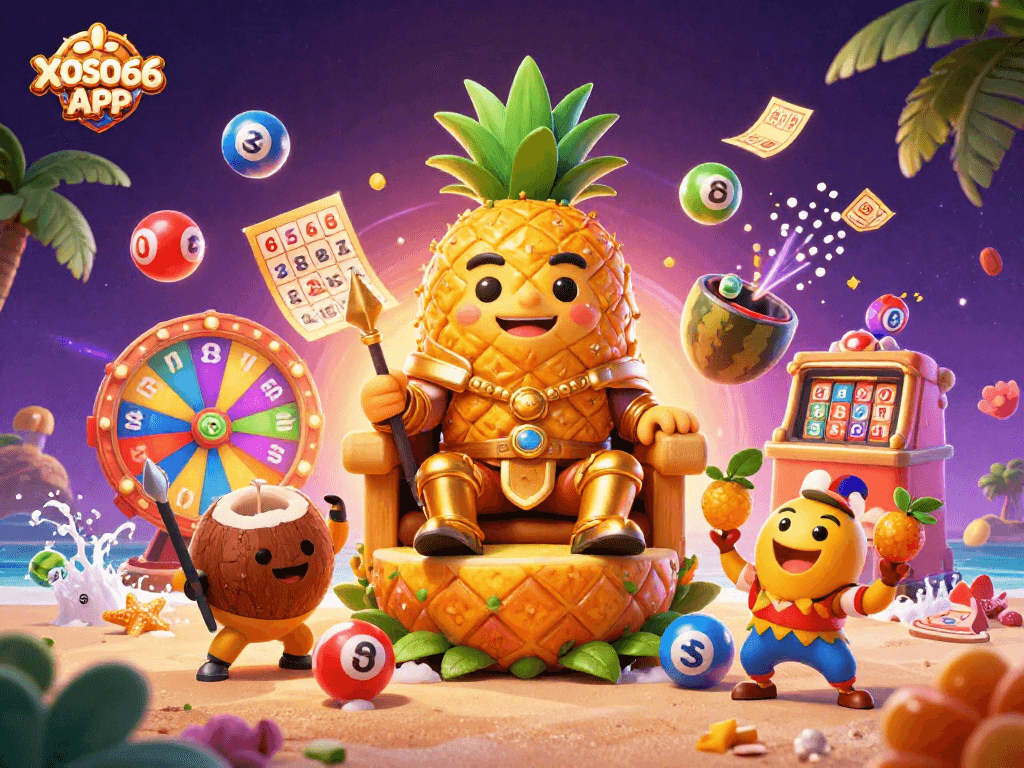 Engage with the XOSO66 APP's vibrant casino elements showcasing a golden pineapple king in action.