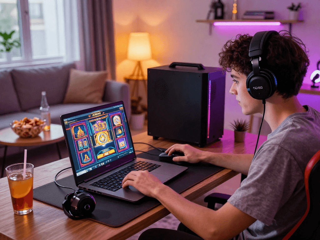 Exciting gaming scene featuring situs slot on laptop in a stylish living room.