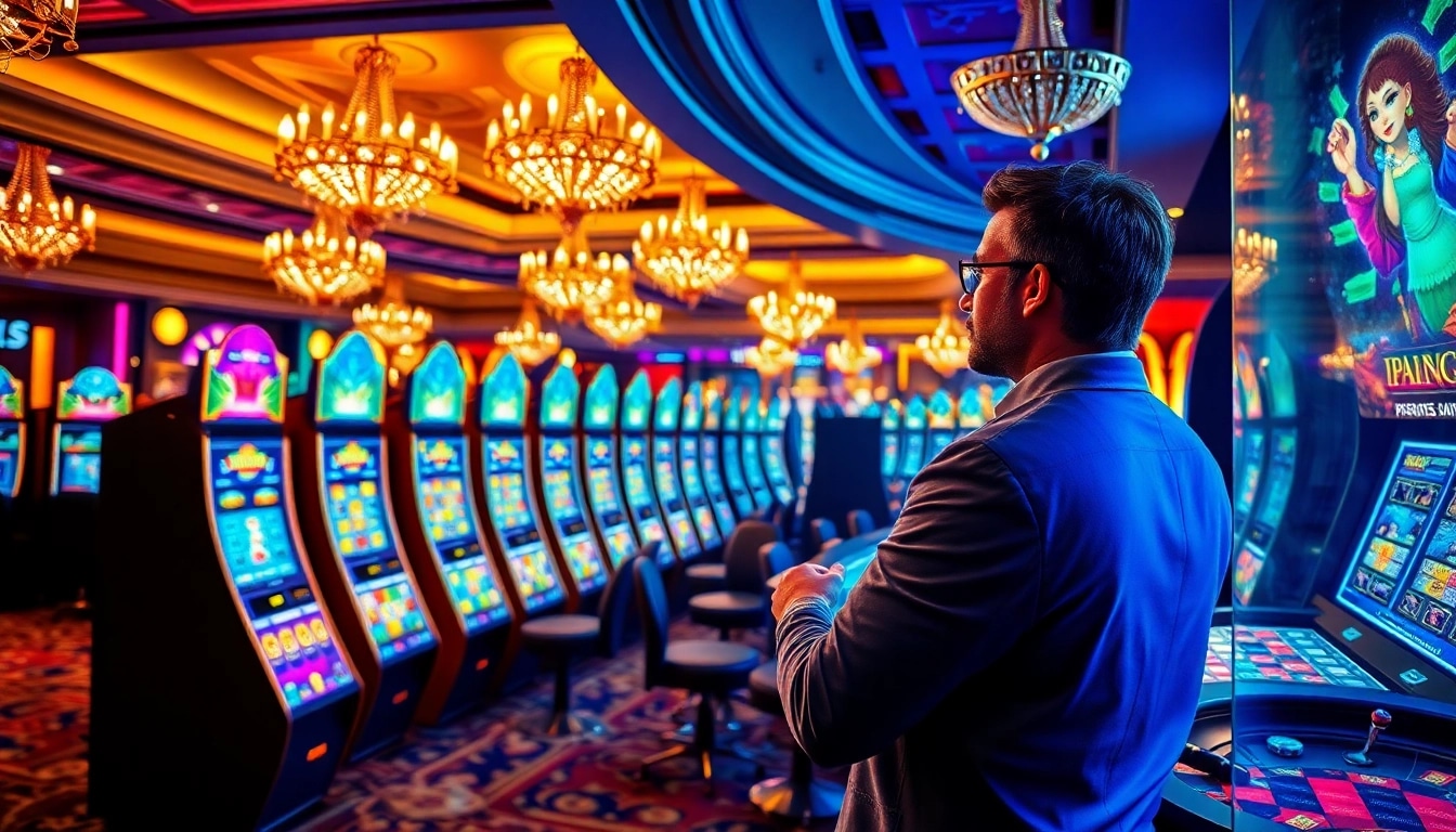 Experience an exciting slot demo in a luxurious casino setting with vibrant slot machines and engaging gaming atmosphere.
