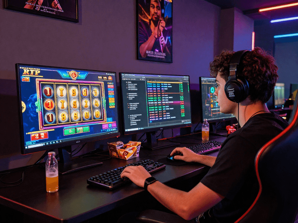 Engaged player enjoying a slot online game with vibrant graphics and real-time RTP stats.
