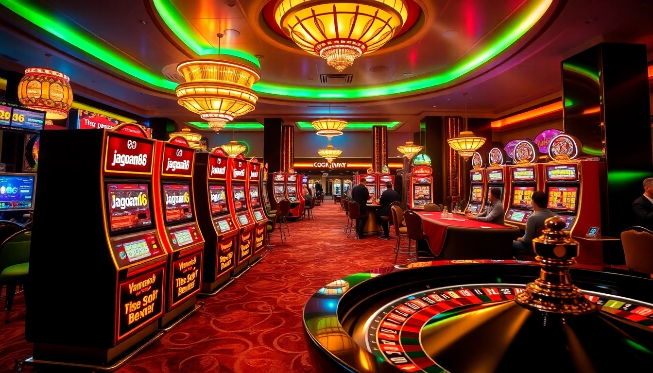 Players enjoying poker and slot machines in a vibrant casino scene with jagoan86 branding.