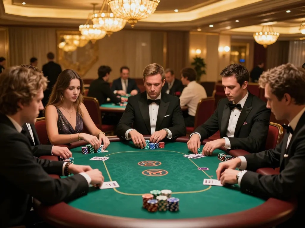 Players at cm88 poker table showcasing strategy and engagement in an upscale casino