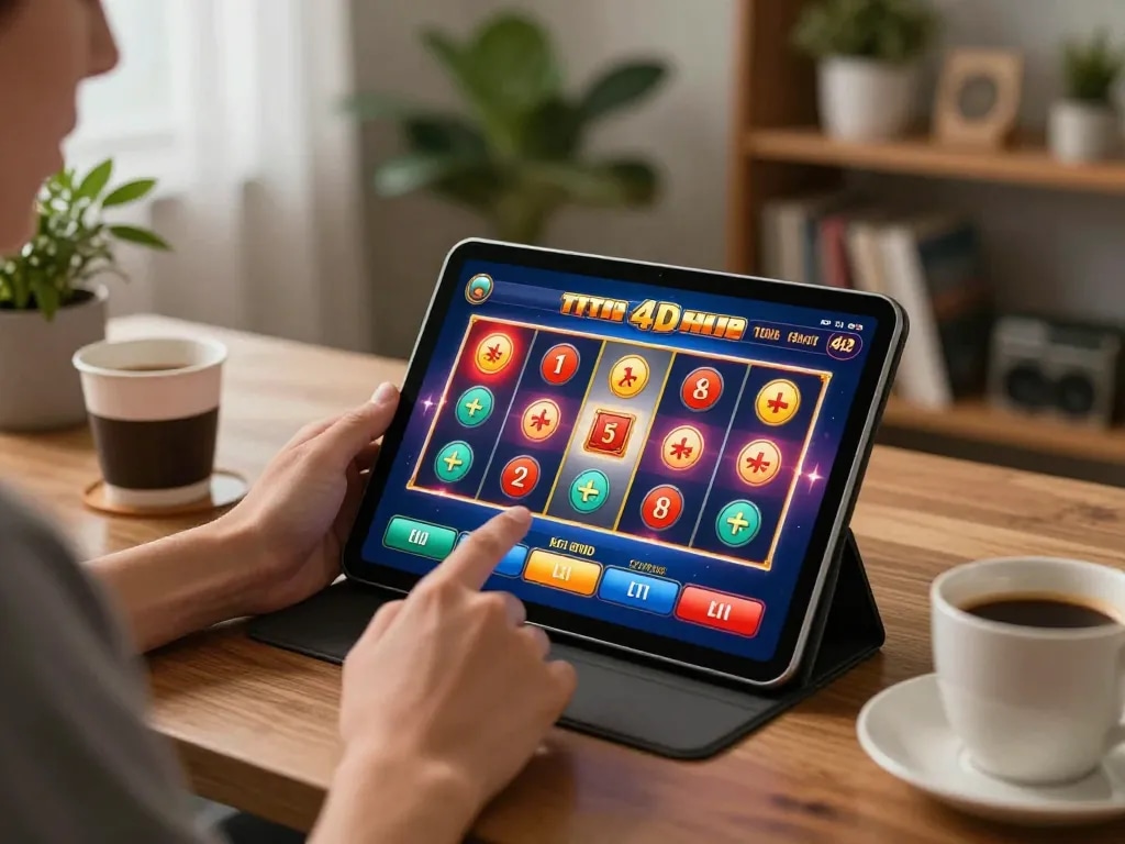 Engaging player focused on toto slot 4d game interface on tablet in a cozy home office.