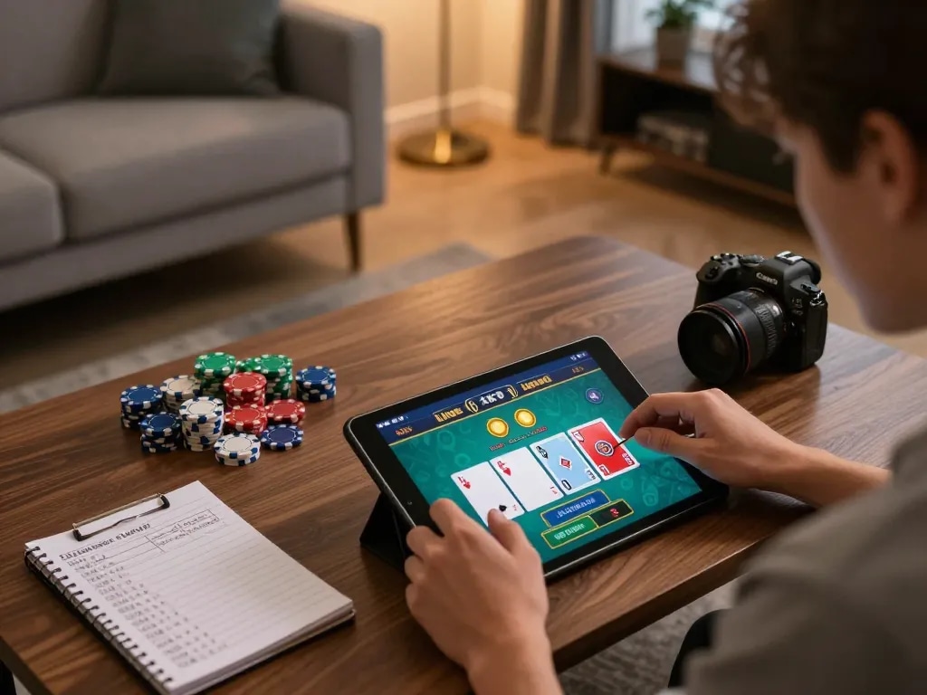 Engaged player strategizing in live dealer blackjack session using joylink free kredit on tablet, highlighting cozy home environment.