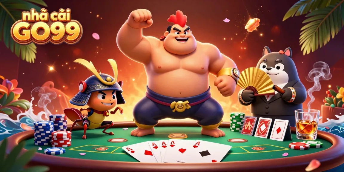 Engage with nhà cái GO99 through a vibrant gaming scene featuring animated characters and poker elements.