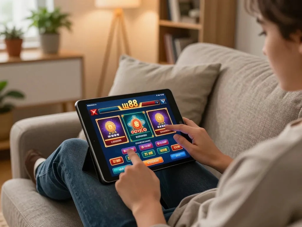Engaging with the uu 88 casino app on a tablet at home for online gaming.