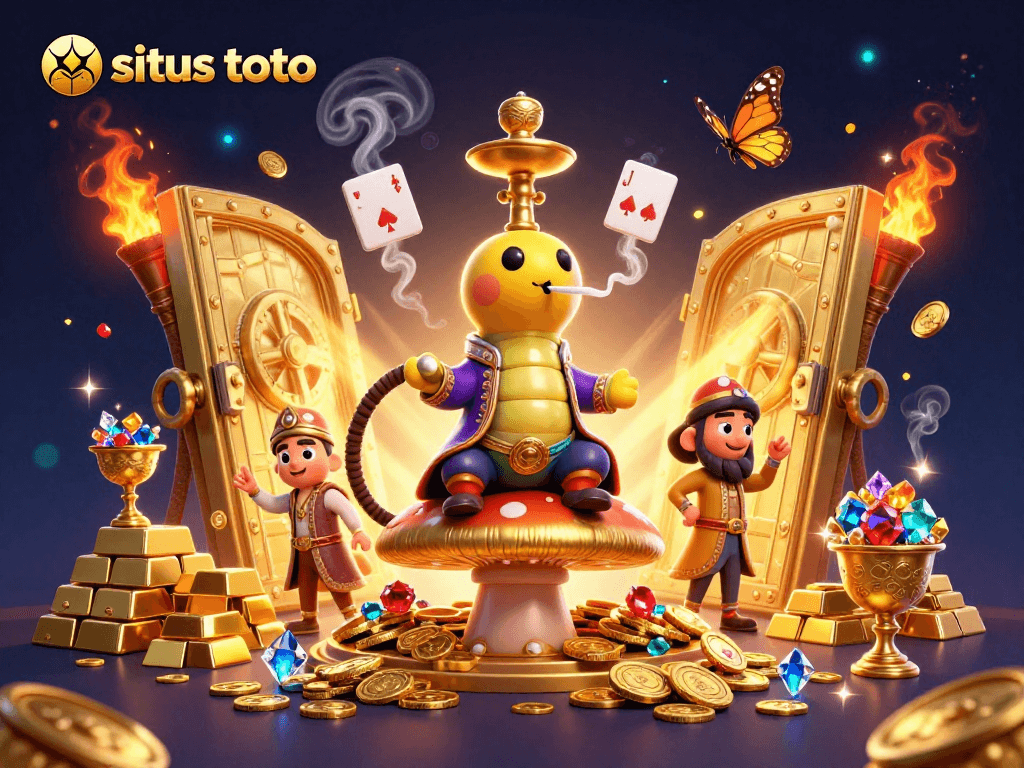 Situs toto menampilkan ilustrasi 3D karnaval dengan karakter unik dan elemen permainan kasino yang menarik