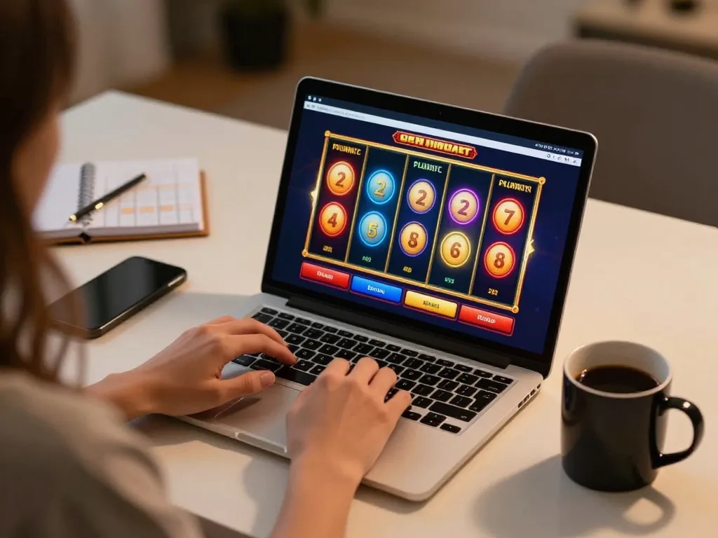 Player spinning slot reels online at home, featuring 122 unique game options for strategic play.