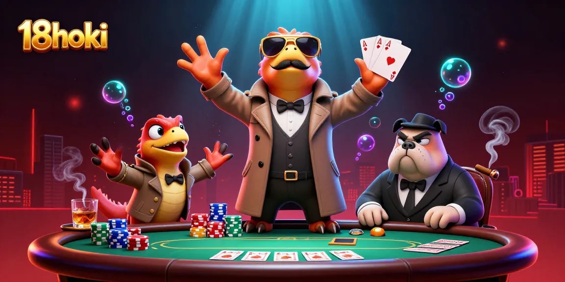 Watch three raptors in a trench coat enter a VIP lounge at 18hoki casino, surrounded by poker elements.