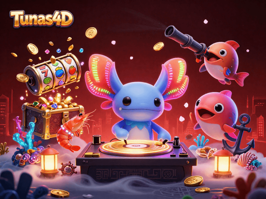 Tunas4D showcases an exciting underwater casino scene with a DJ and vibrant sea creatures.