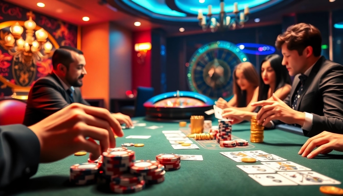 Excited players enjoying an idn slot game at a high-stakes casino table with chips and cards.