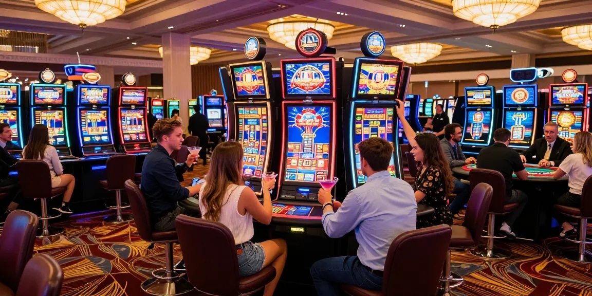 Diverse group enjoying situs slot machines in a vibrant casino atmosphere, reflecting the excitement of gaming.