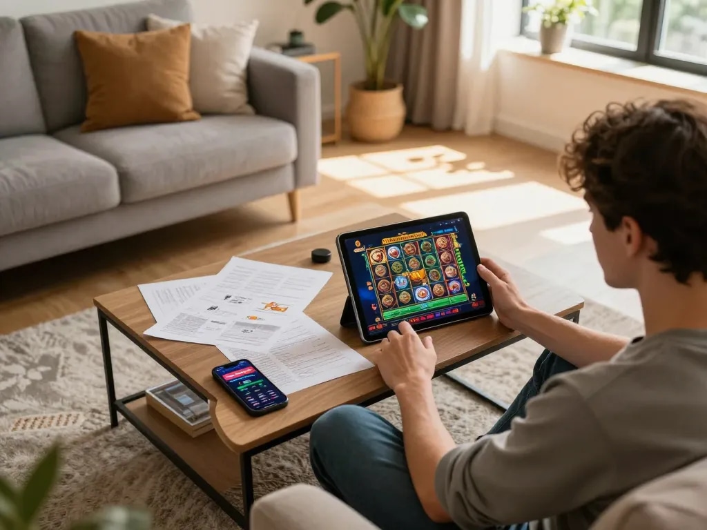 Engaging player enjoying a slot game on a tablet in a cozy home environment, highlighting a relaxed gaming experience.