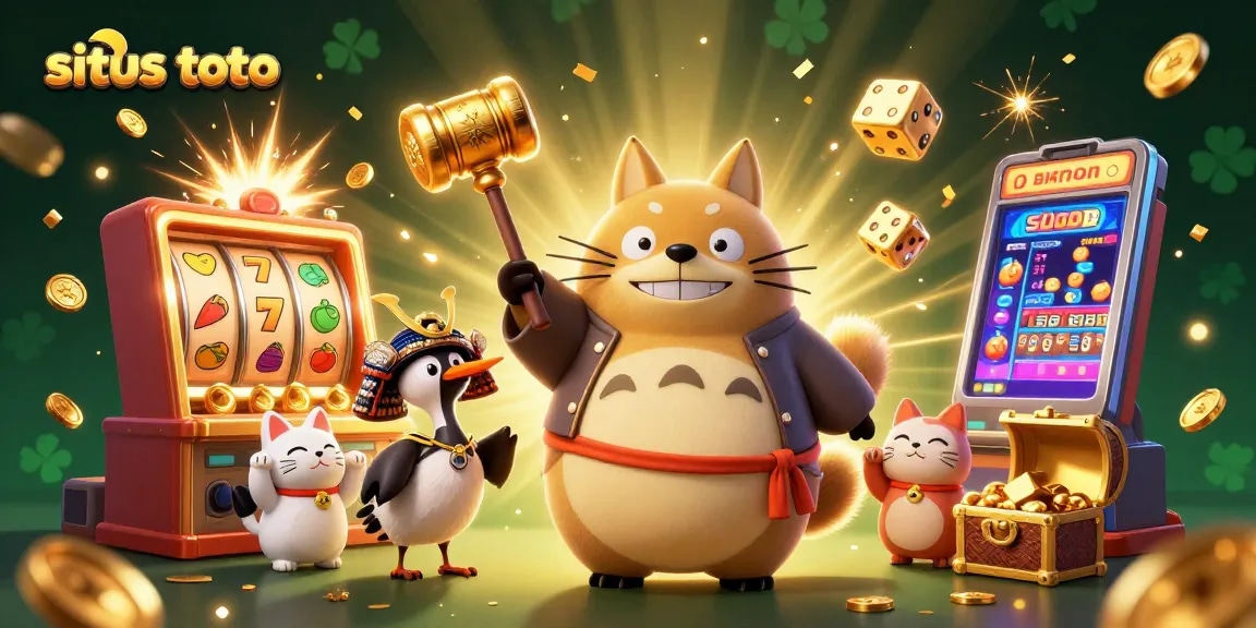 Bermain situs toto dengan tanuki ceria dan simbol kasino yang berwarna-warni.