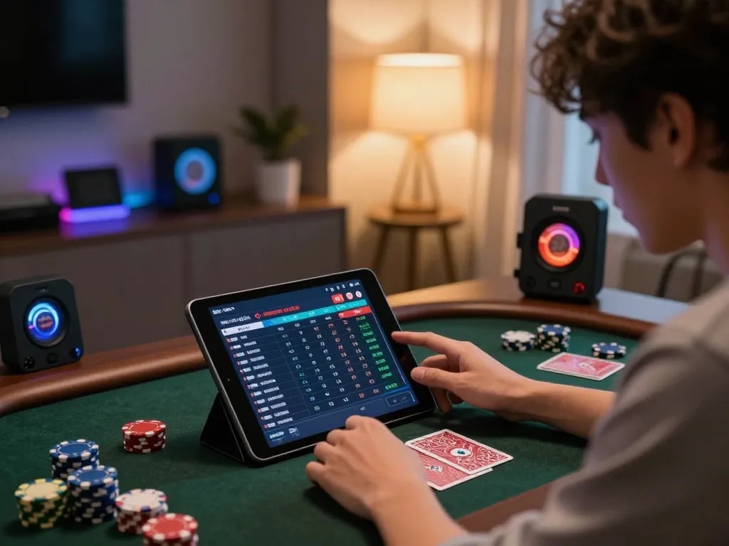Engaged player analyzing data hk results on a tablet in a stylish home gaming setup