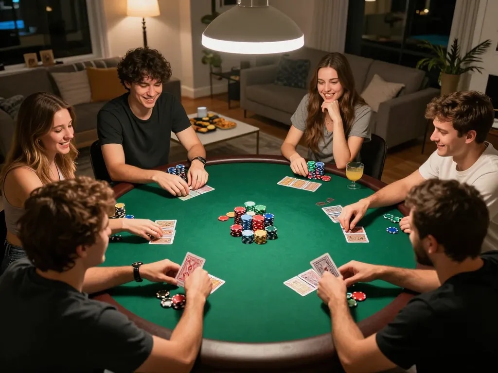Engaging home poker night scene featuring friends enjoying IDCWIN88 Official gaming, lively card dealing and chip action