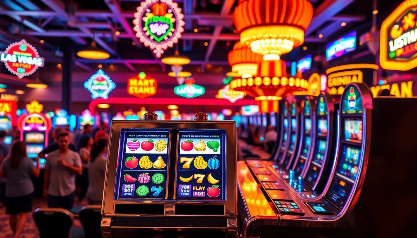 Menangkan jackpot pada slot mesin dengan lampu berkilauan di kasino yang ramai.