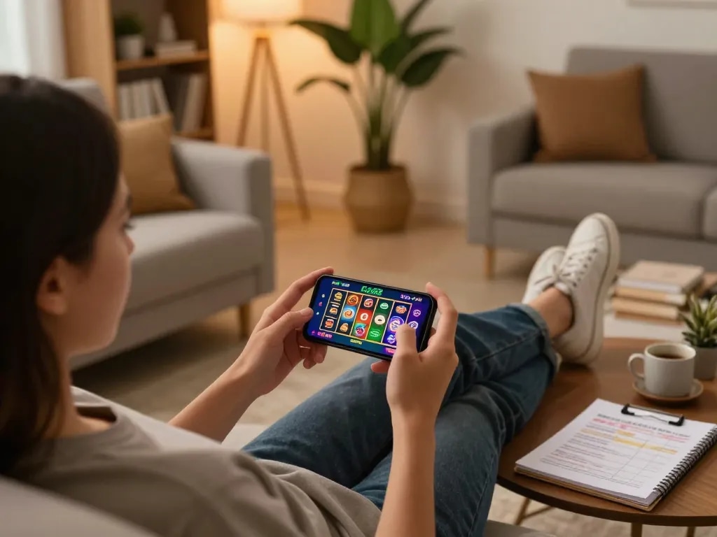 TẢI GO88 mobile casino app seen on a smartphone, cozy living space with casual gaming atmosphere.