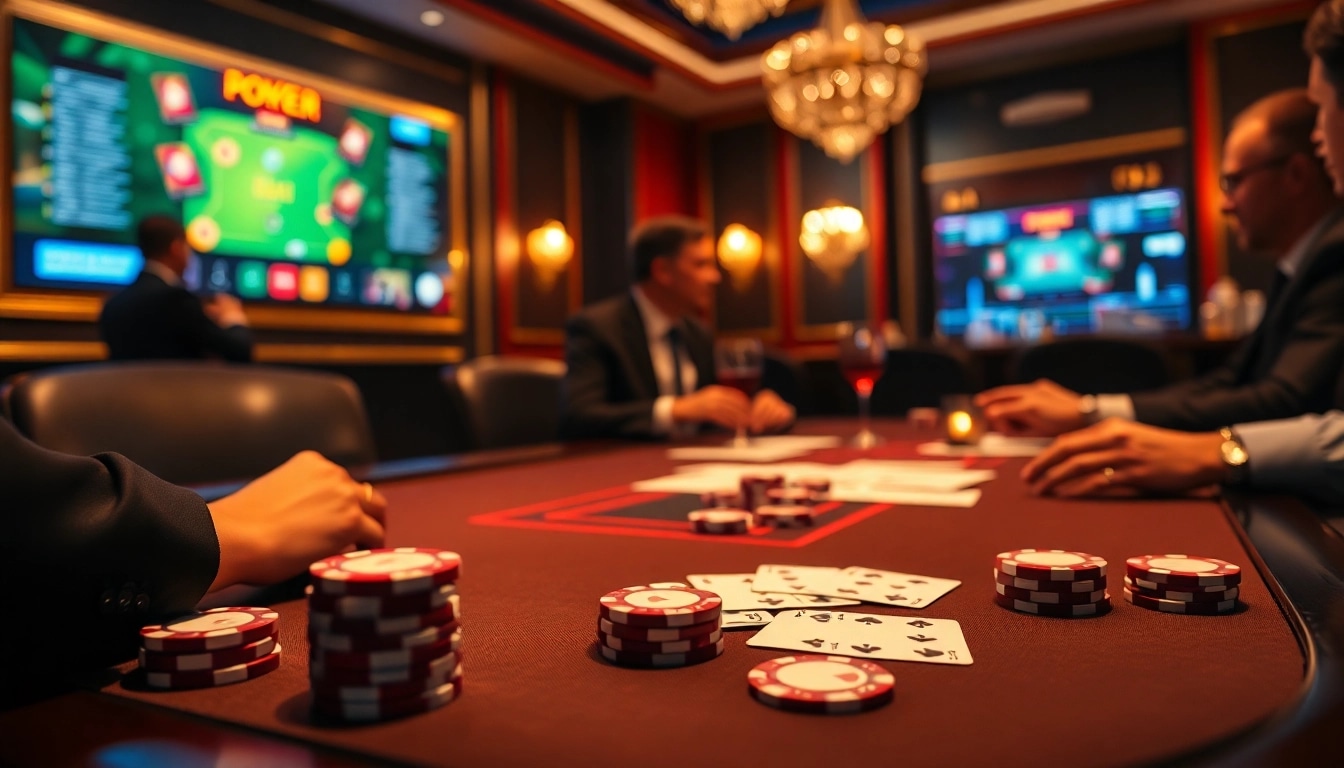 Engage in poker online with vibrant chips and cards at a luxurious casino table.