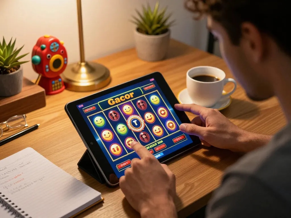 Engaged player enjoying Slot Gacor online game on tablet during cozy home gaming session.