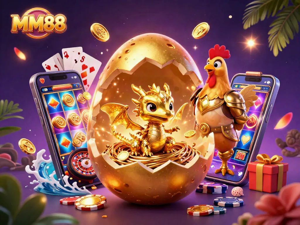 Experience thrilling gameplay with MM88's golden dragon and poker chips in a vibrant casino scene.