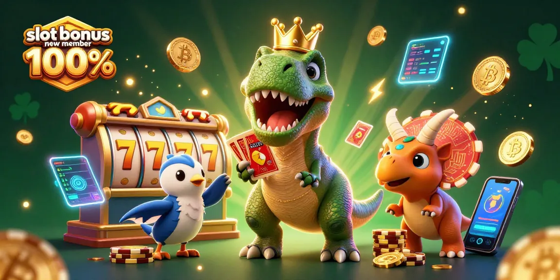 Klaim slot bonus new member 100% dengan ilustrasi kartun 3D karakter dinosaurus di kasino yang menarik.