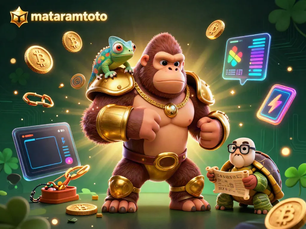 Experience thrilling gaming at mataramtoto with a vibrant scene featuring animated casino characters and crypto elements.