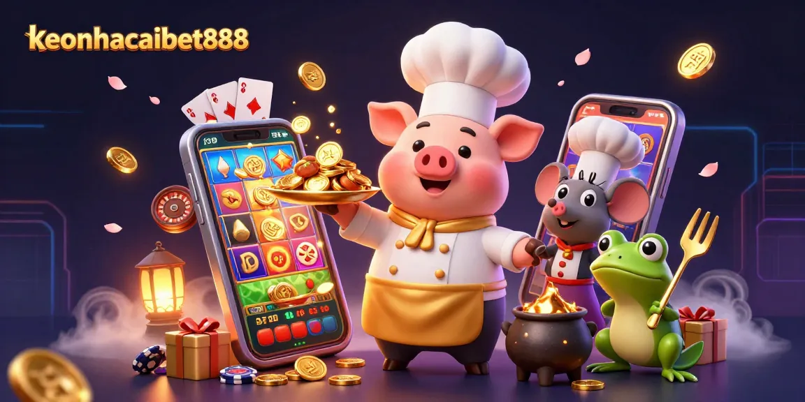 Engage with keonhacaibet888 as a chef pig presents golden coins in a vibrant casino scene.