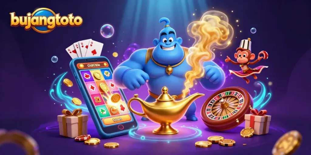 Bujangtoto casino platform features a colorful slot game with animated characters, enhancing your gaming experience.