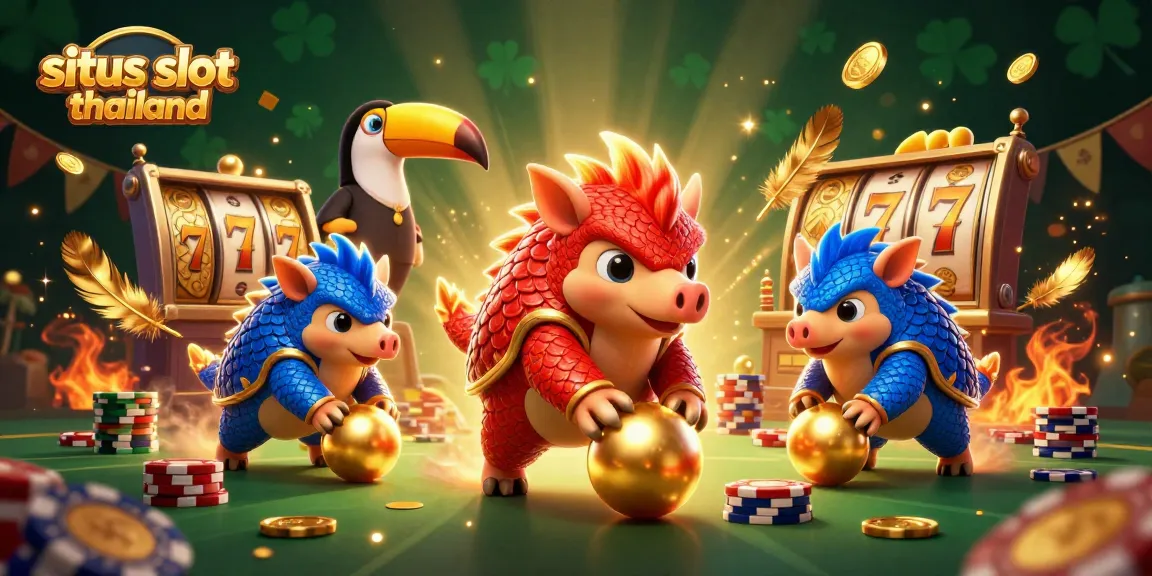 Experience exciting gameplay at situs slot thailand with vibrant slot machines and animated pangolins.