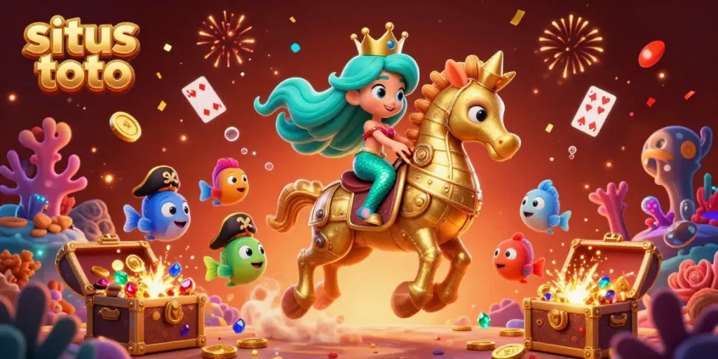 Experience the excitement of situs toto with vibrant 3D illustration featuring a mermaid princess, golden treasure, and dynamic casino elements.
