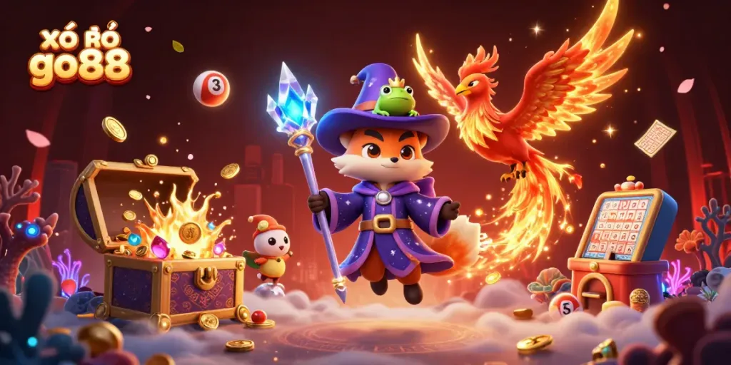 Experience the vibrant world of xổ số go88 with captivating characters and magical lottery elements.