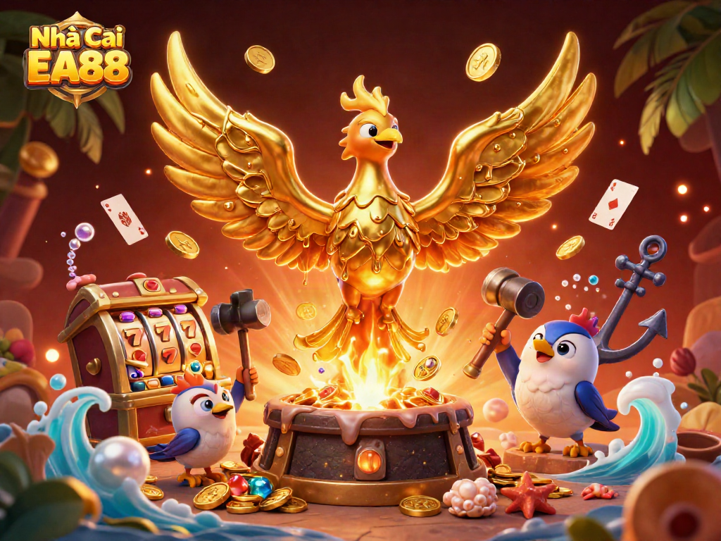 Engage with Nhà Cái EA88 through an exciting gaming illustration showcasing vibrant casino elements and a molten golden phoenix.