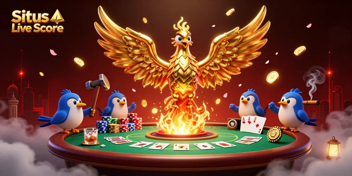 Situs Live Score showcasing a dynamic sports betting scene with a molten phoenix and poker elements.